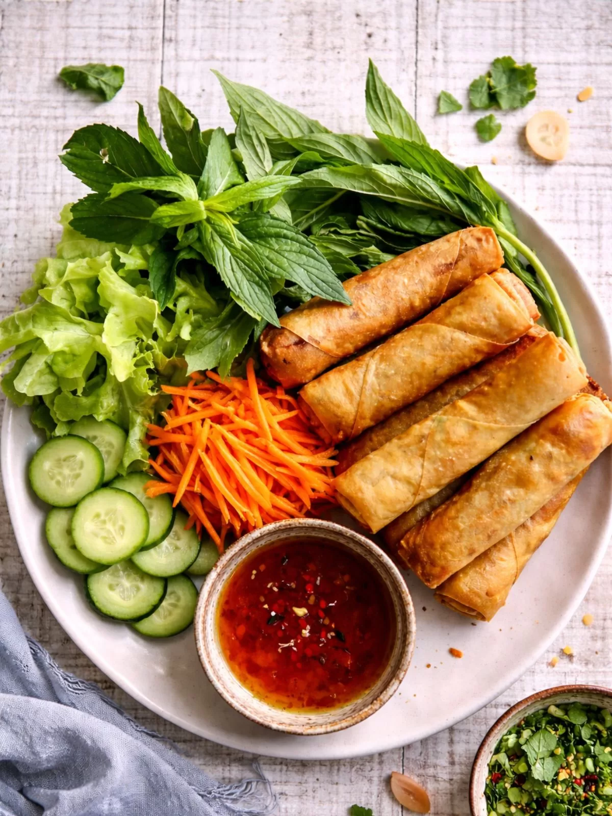 A plate of crispy Vietnamese spring rolls with lettuce, herbs and dipping sauce at Thien Vietnam in Thornhill